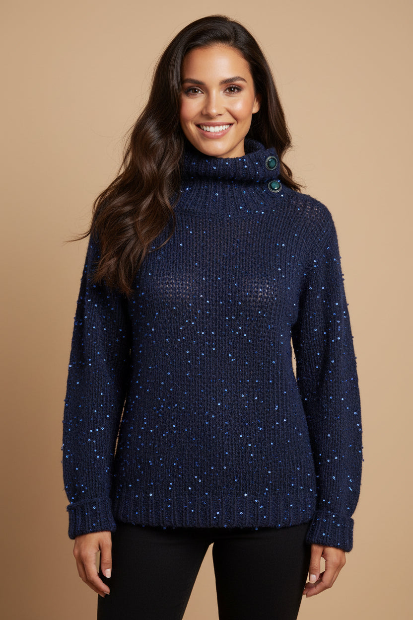 One-of-a-Kind Blue Wool Turtleneck Sweater – Pearl Embellishment – Size S / EU 34–36