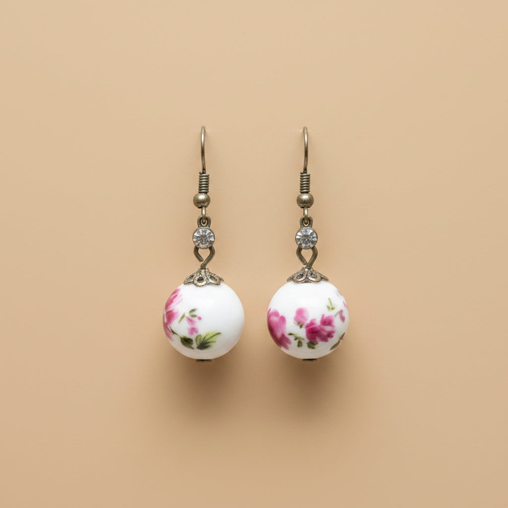 Floral Ball Drop Earrings – Hand-Painted Fashion Jewellery – White Pink – 4 cm