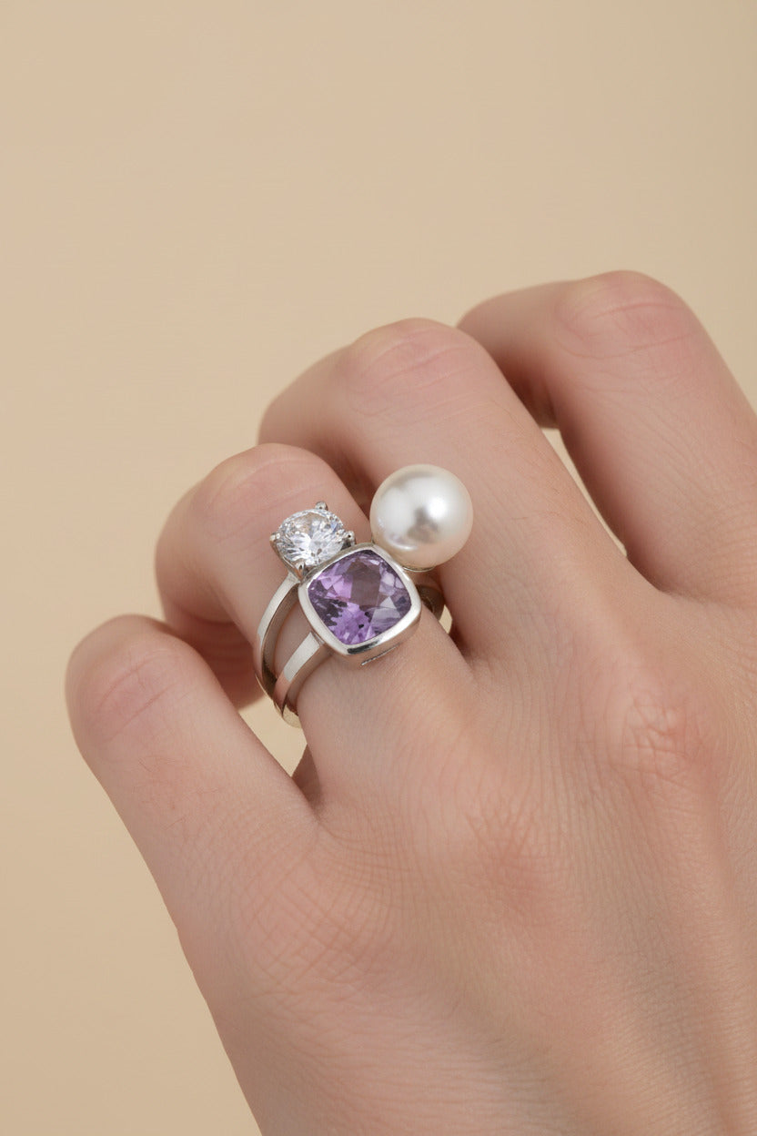 Tchibo 925 Sterling Silver Pearl & Zirconia Ring