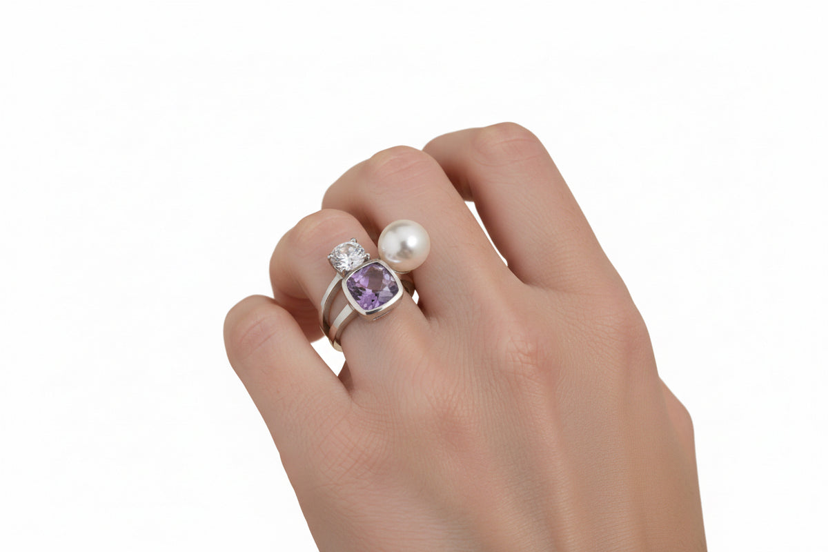 Tchibo 925 Sterling Silver Pearl & Zirconia Ring