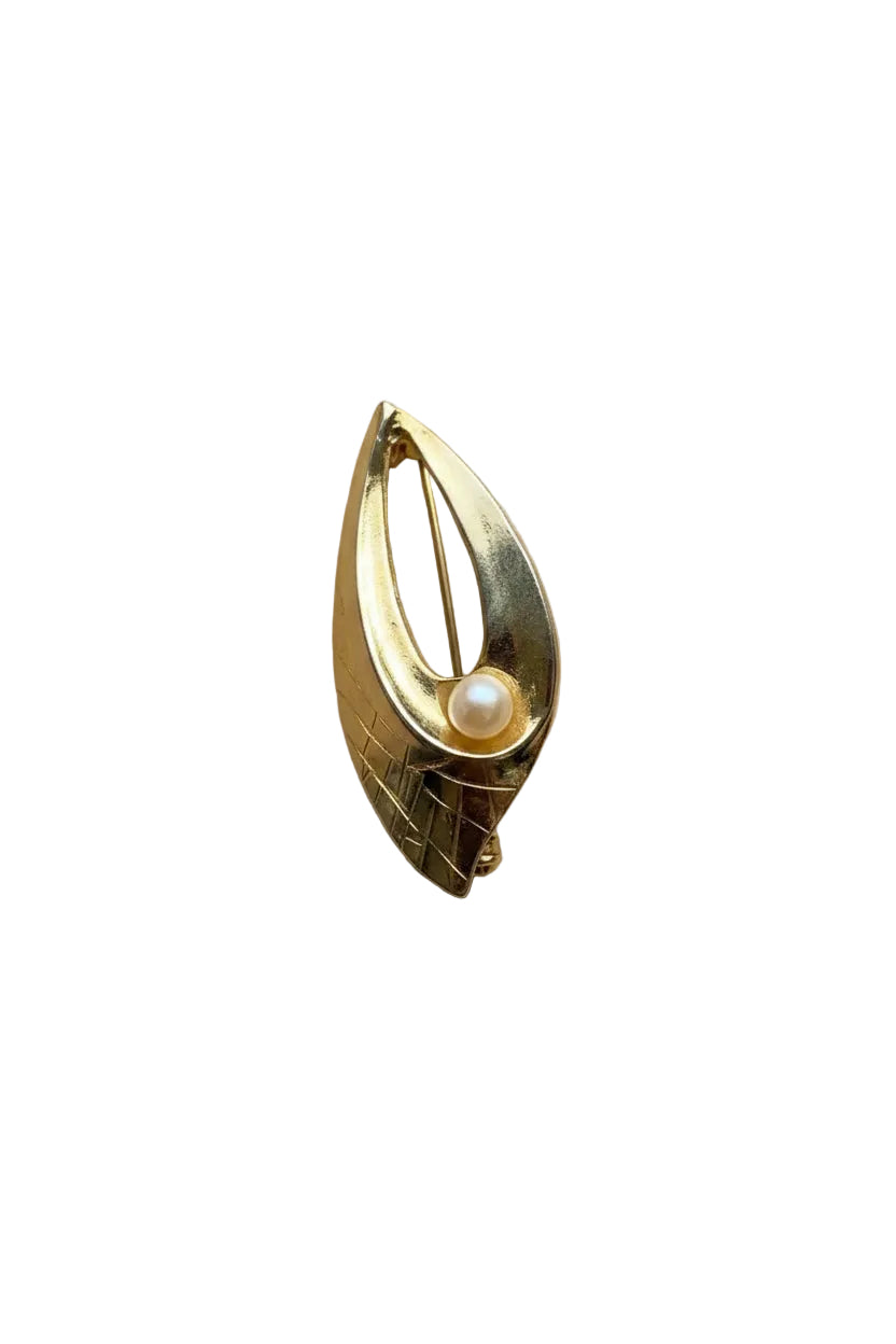 Vintage Gold-Tone & White Brooch – Pearl Detail – Fashion Jewellery – 5 cm