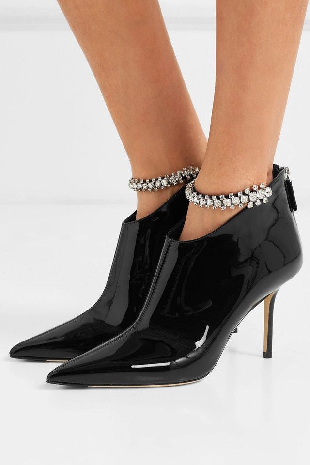 Jimmy Choo Black Patent Leather Ankle Boots – Crystal Embellishments Size: EU 40