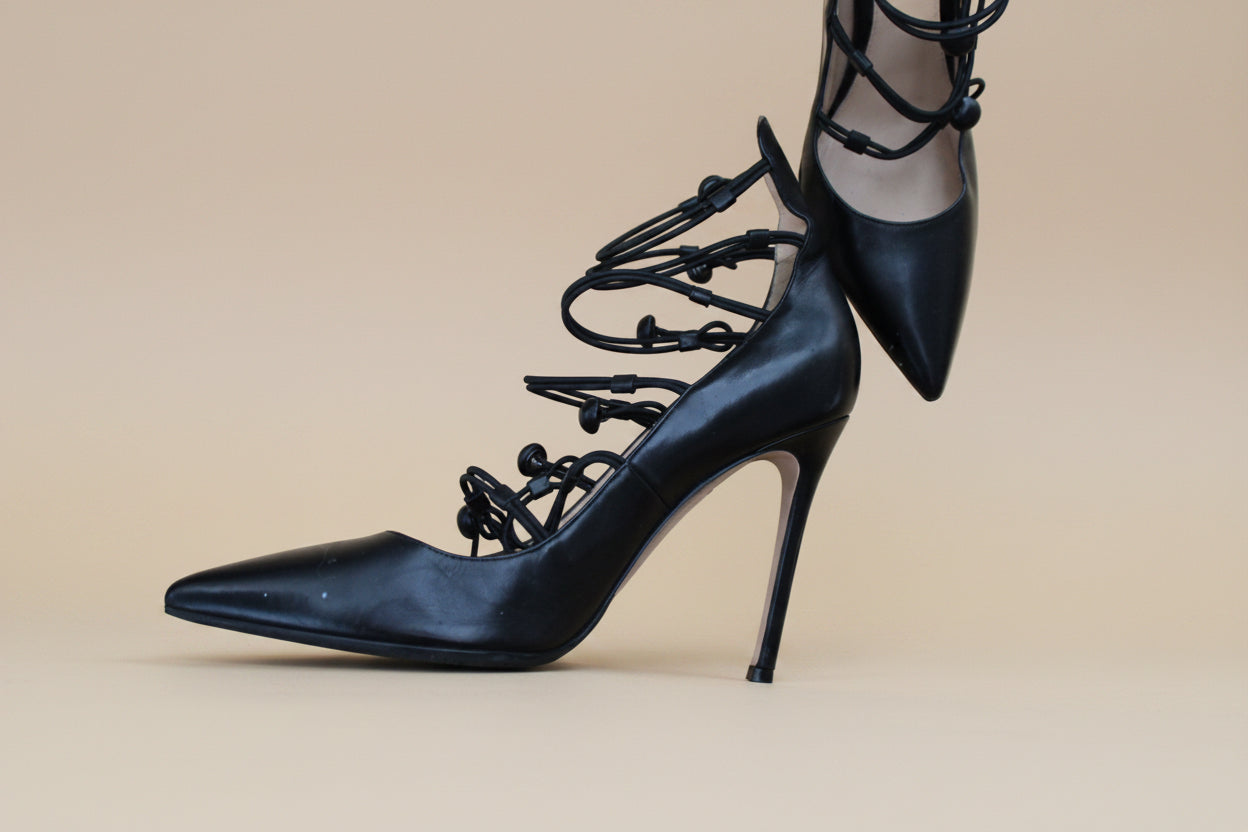 Gianvito Rossi — Pointed-Toe Leather Pumps with Beaded Lace-Up Ankle in Black Size 39.5