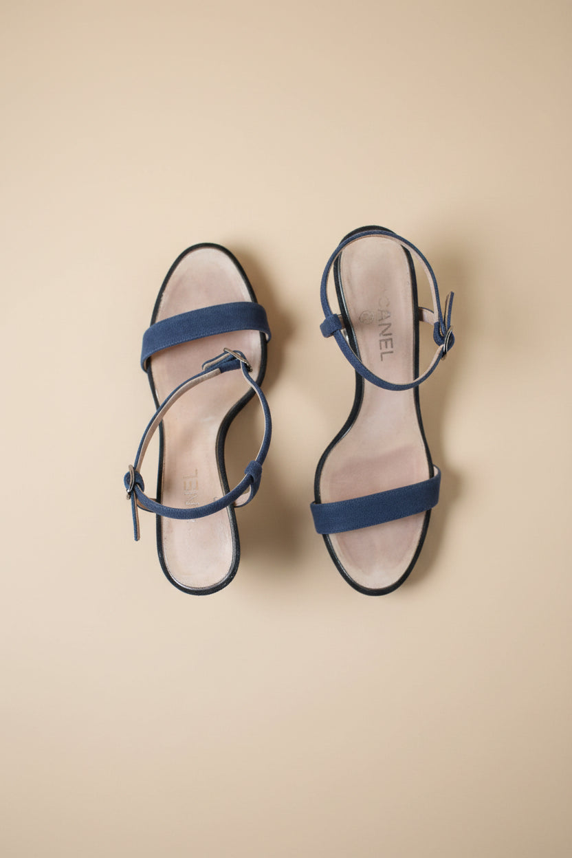 Chanel Camellia Heel Sandals – Denim-Weave Straps – Size EU 40