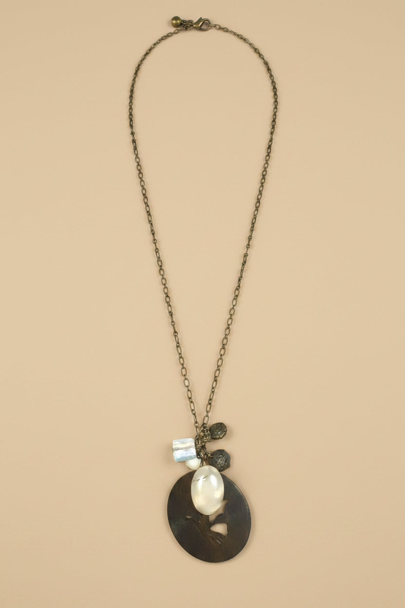Vintage 1960s Wooden & Mother-of-Pearl Necklace