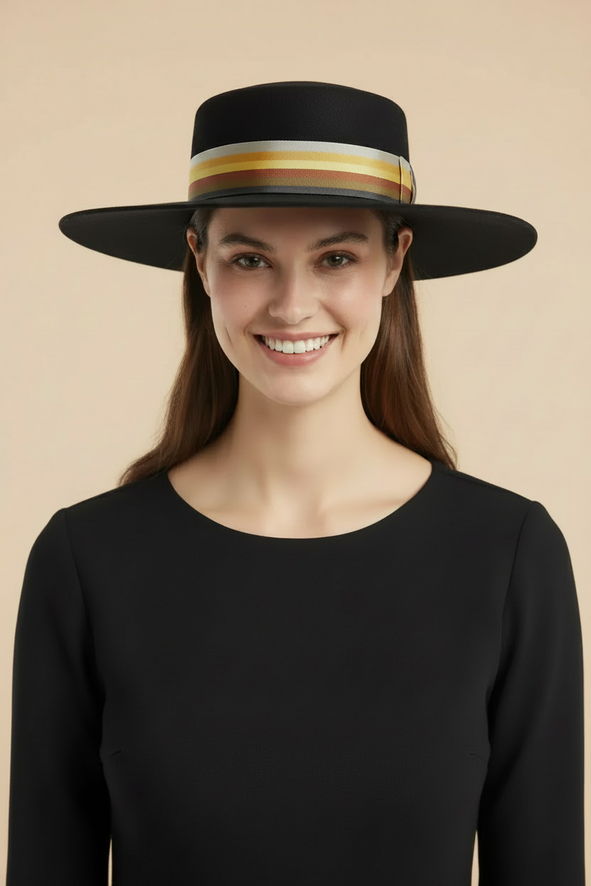 Christian Dior vintage wool wide-brim hat with rainbow band — rent from Laura Messerschmitt, Berlin stylist