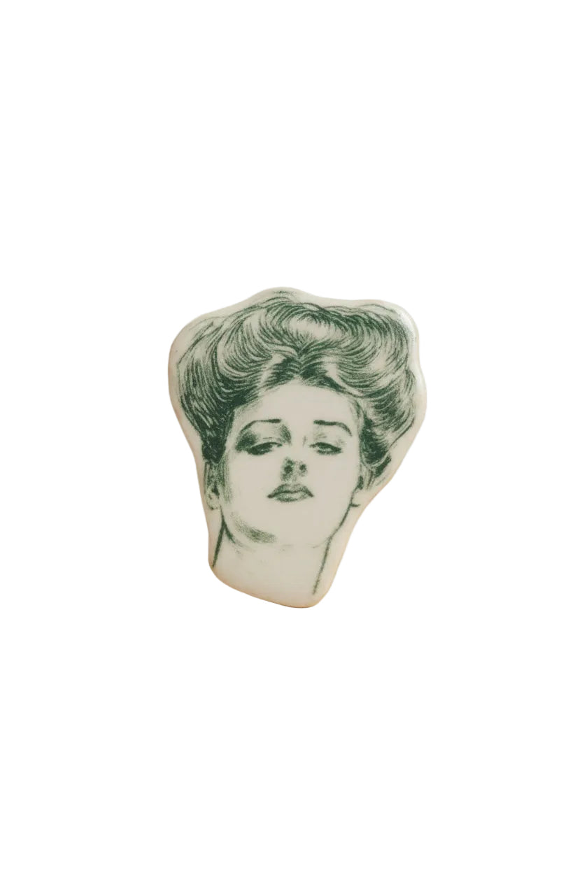 Vintage 1970s Woman Face Brooch – Cream & Gray – Rare Retro Statement Pin