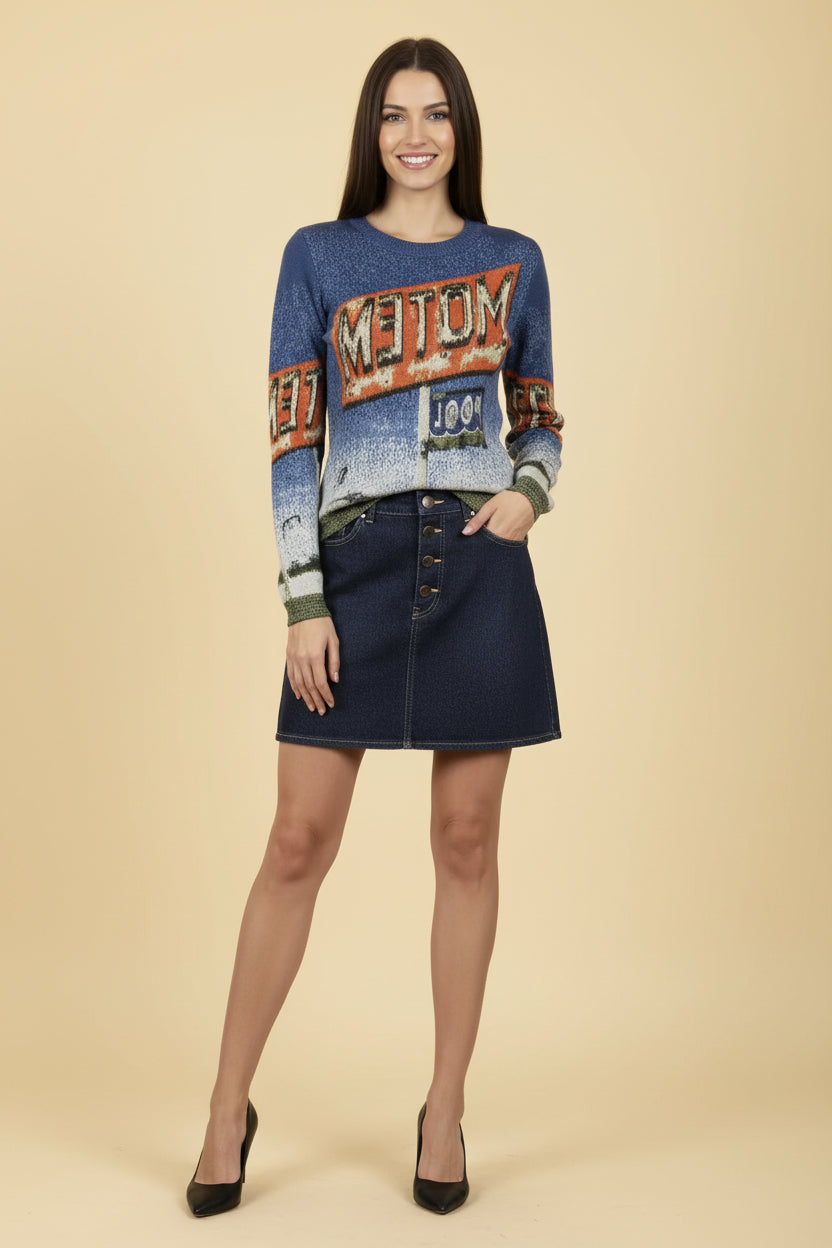 N°21 — Intarsia Knit Pullover with Americana Motel Print (NWOT)