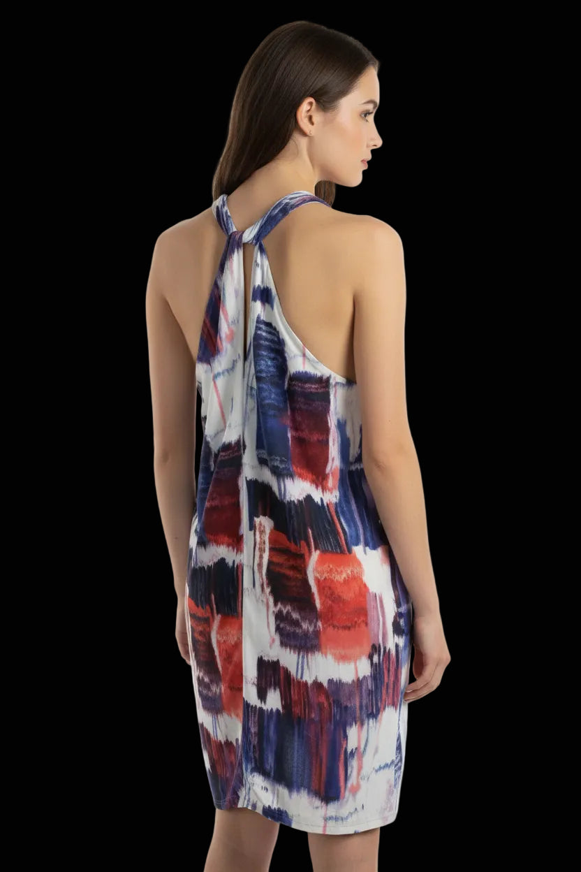 Tiger of Sweden multicolour printed viscose halter dress in blue, red and white abstract print