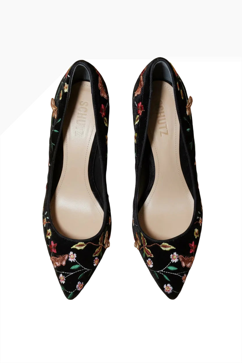Schutz butterfly-embroidered velvet pumps pointed toe detail