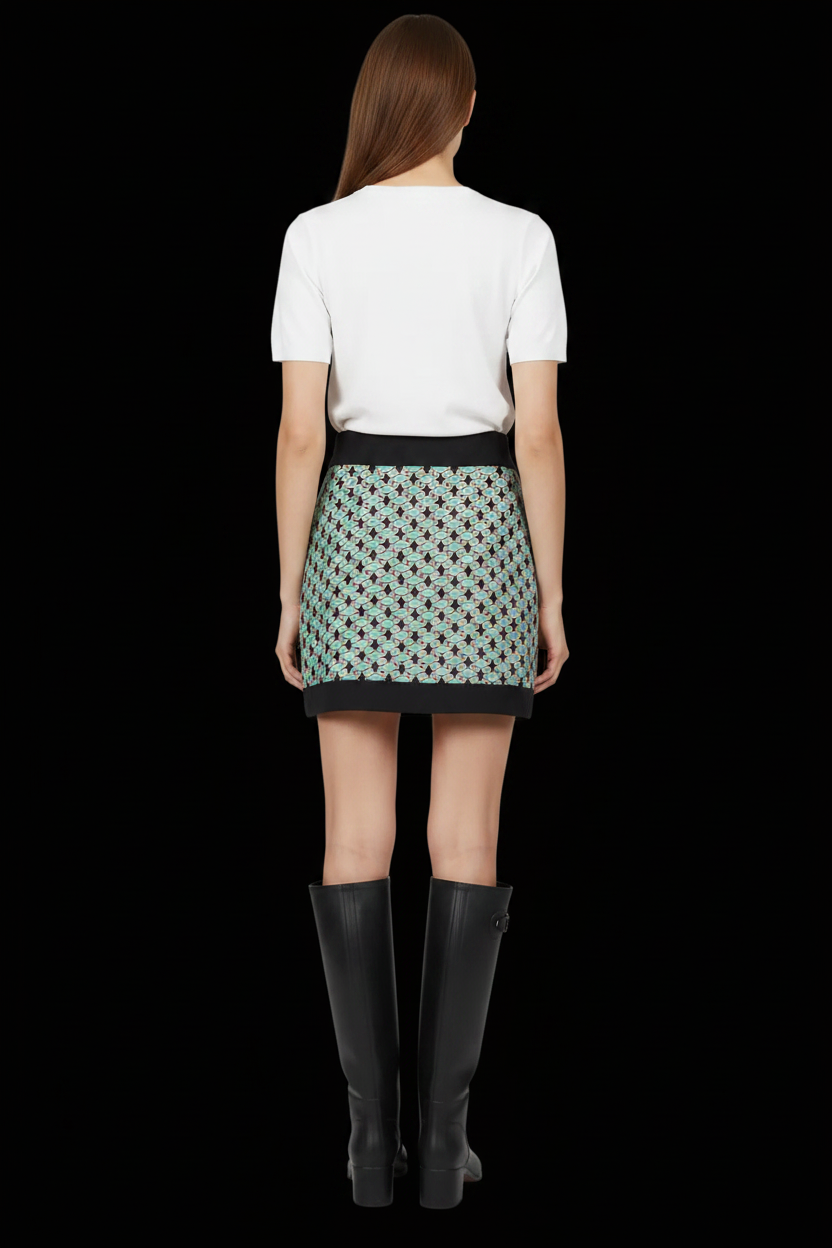 Fausto Puglisi — Silk Mini Skirt in Geometric Tile Print with Contrast Black Bands