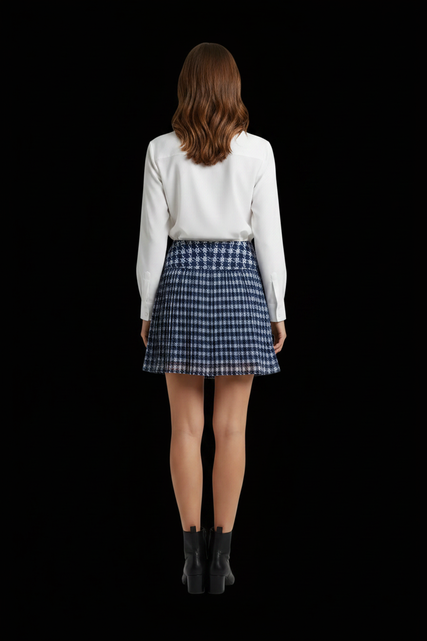 Kookaï — Silk Houndstooth Smocked Mini Skirt in Black & White
