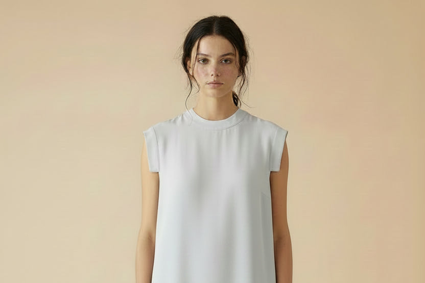 AllSaints — Silk Cap-Sleeve Shift Dress with High-Low Hem in Dove Grey