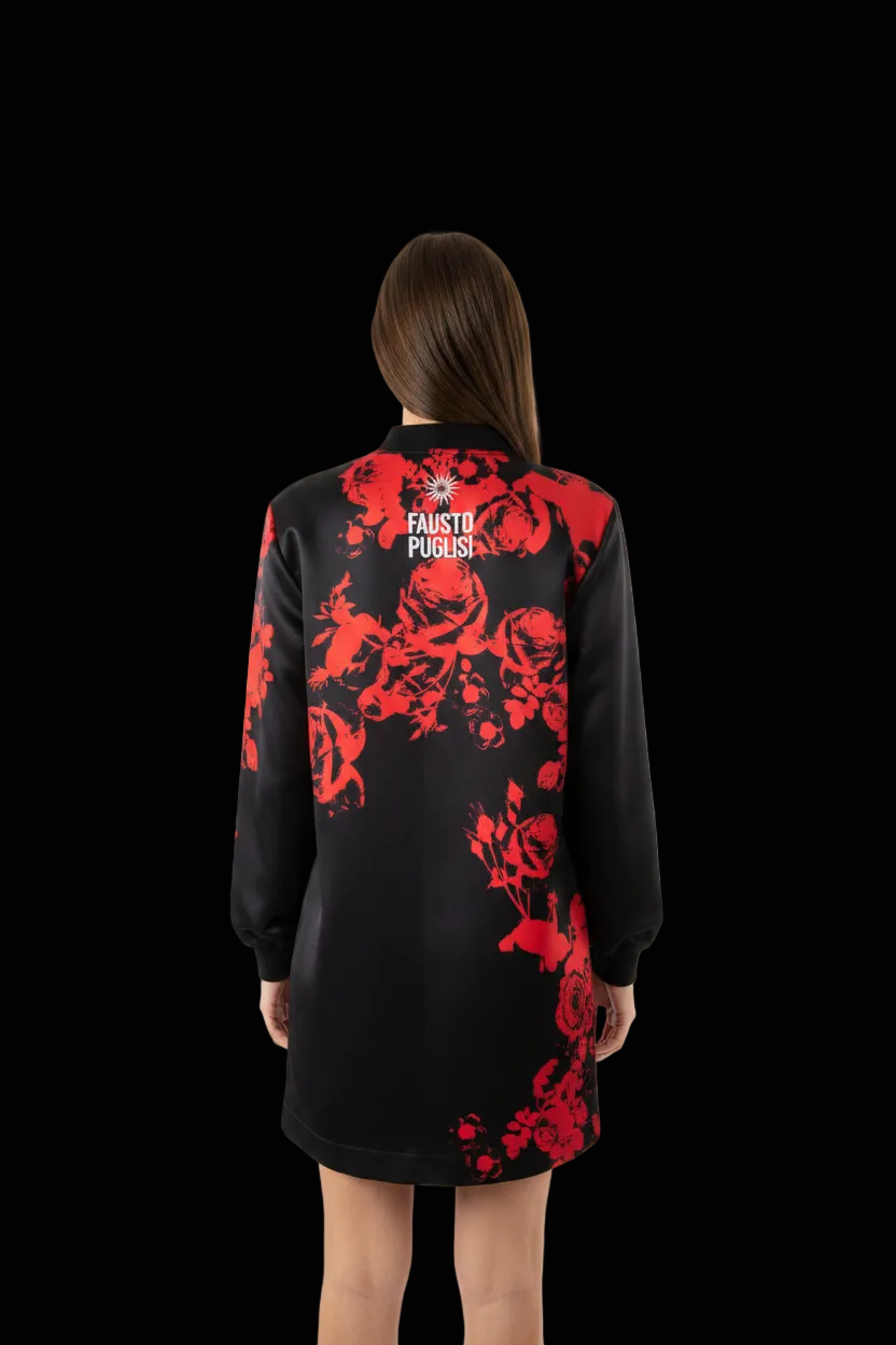 Fausto Puglisi — Longline Sweatshirt Dress with Rose Print & Sunburst Logo in Black