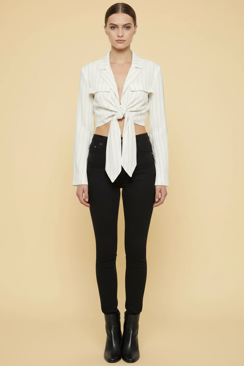 Gina Tricot — Cropped Linen-Viscose Blazer in Black & White