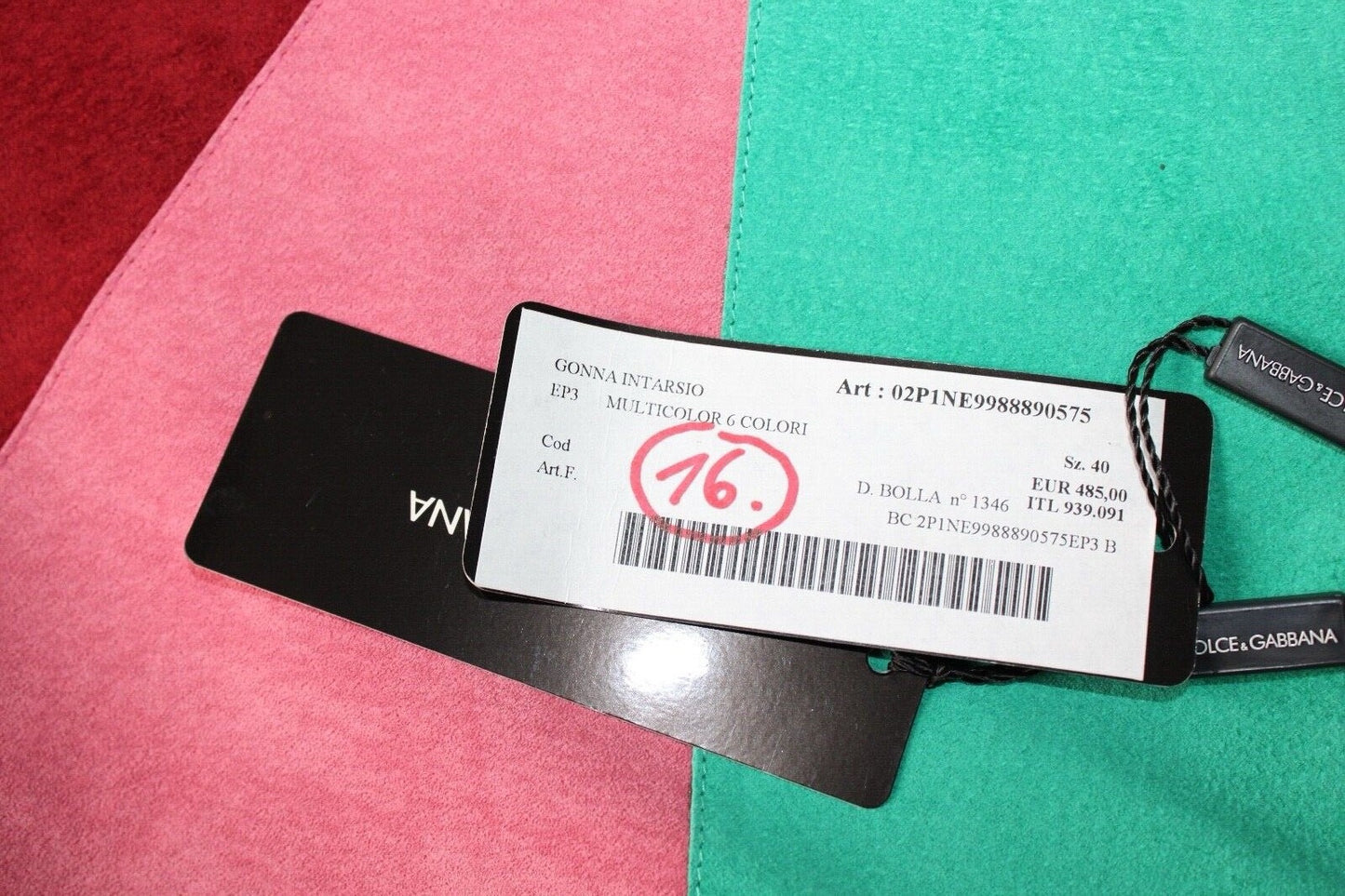 Dolce & Gabbana price tag showing Gonna Intarsio Multicolor retail EUR 485