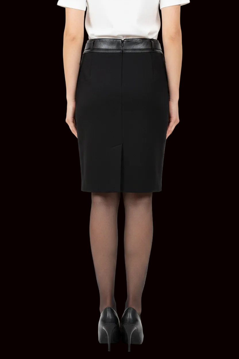Prada — Wool Pencil Skirt with Leather Waistband & Belt in Black