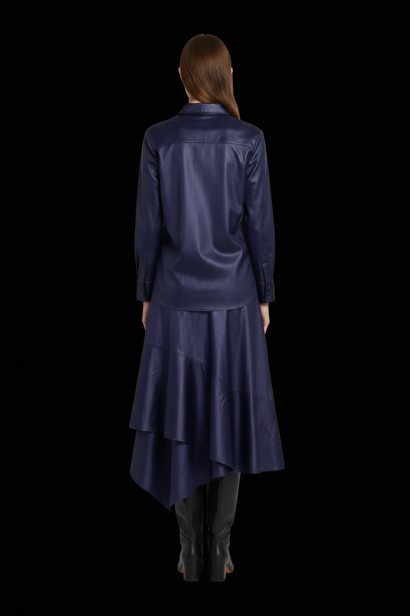 Hermès — Cotton Two-Piece Set: Shirt-Tunic with Ruffled Cuffs + Asymmetric Handkerchief-Hem Skirt in Navy