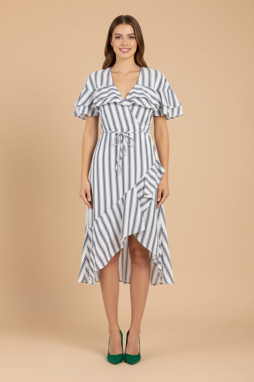 River Island cotton striped wrap dress in blue & white — rent from Laura Messerschmitt, Berlin stylist
