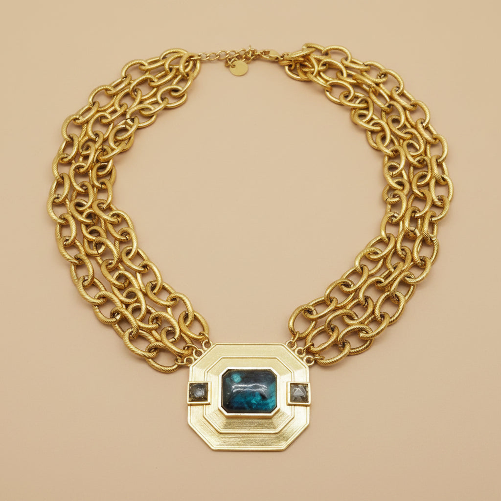 Statement Brass Necklace with Labradorite Stone — detail view | Rent designer fashion at Laura Messerschmitt Berlin
