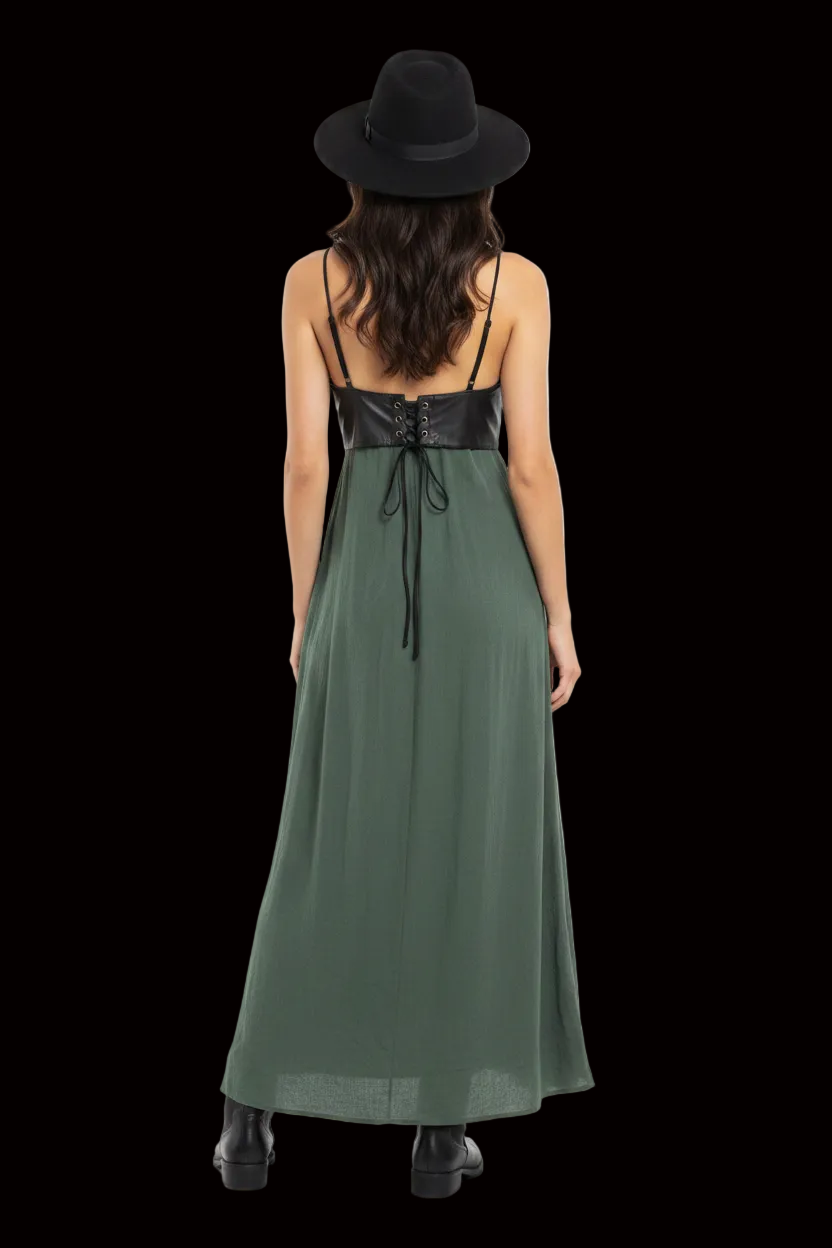 Diesel — Long Corset Dress with Leather Bodice & Silk Skirt in Black & Khaki