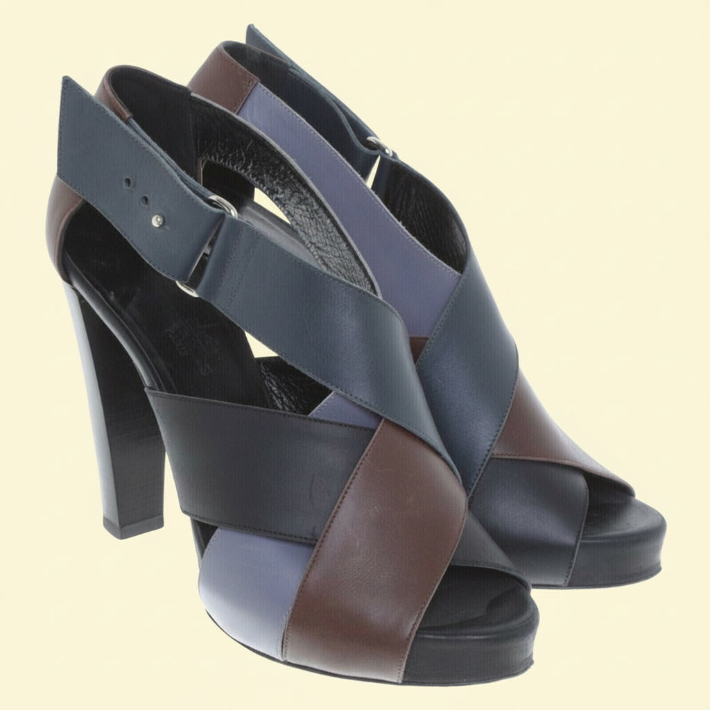 Hermès — Tri-Colour Leather Block-Heel Sandals in Navy, Burgundy & Black