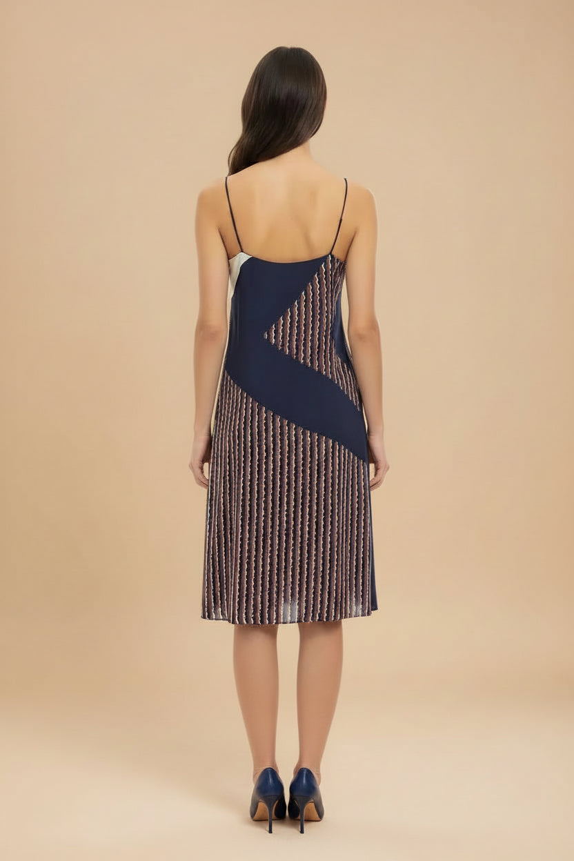 Diane von Furstenberg bias cut silk slip dress in navy rust and cream — view 2