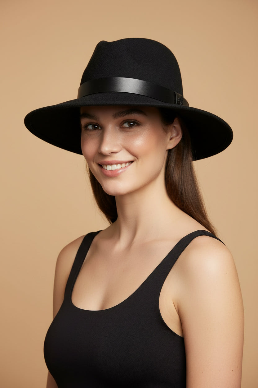 Marc Cain black fedora hat detail