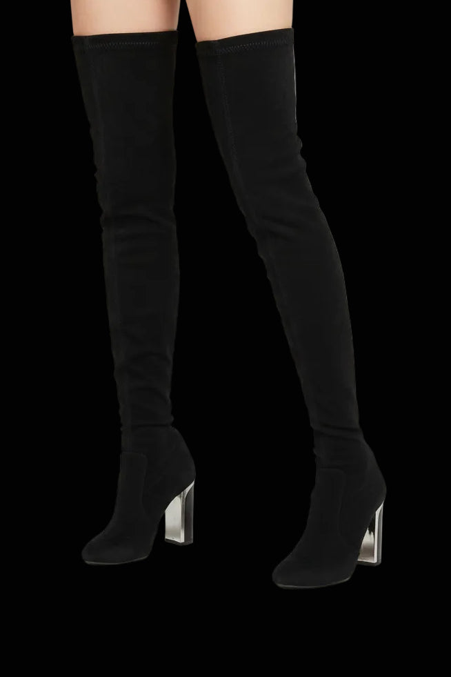 Christian Dior stretch suede over-the-knee boots with sculpted chrome heel — rent from Laura Messerschmitt, Berlin stylist