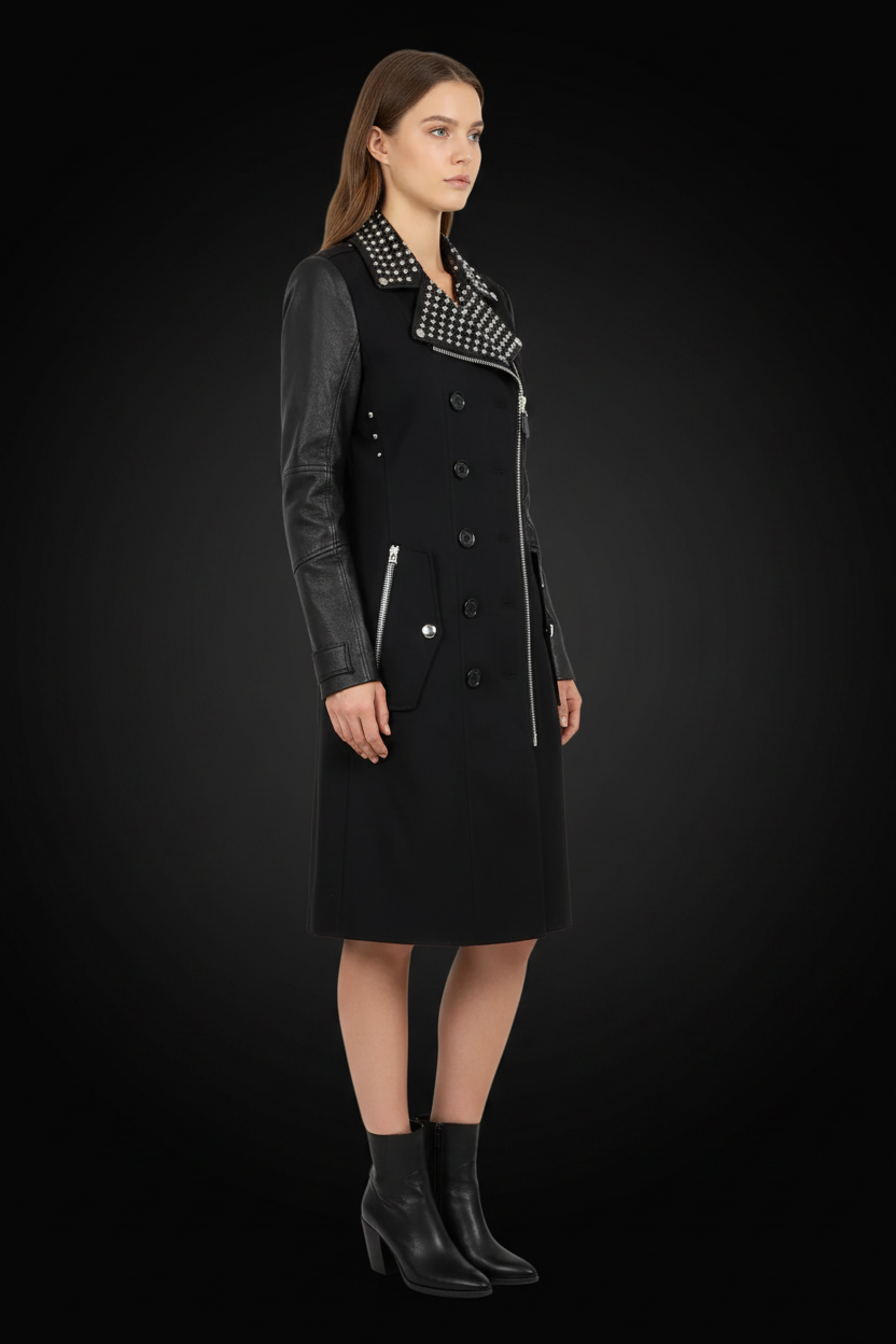 Burberry — Vintage Studded Leather-Sleeved Trench Coat in Black