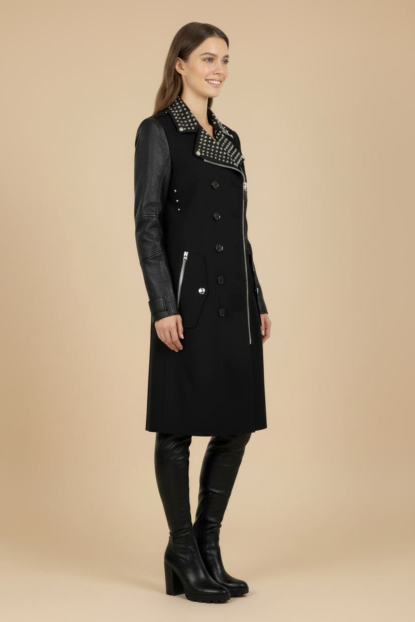 Burberry — Vintage Studded Leather-Sleeved Trench Coat in Black