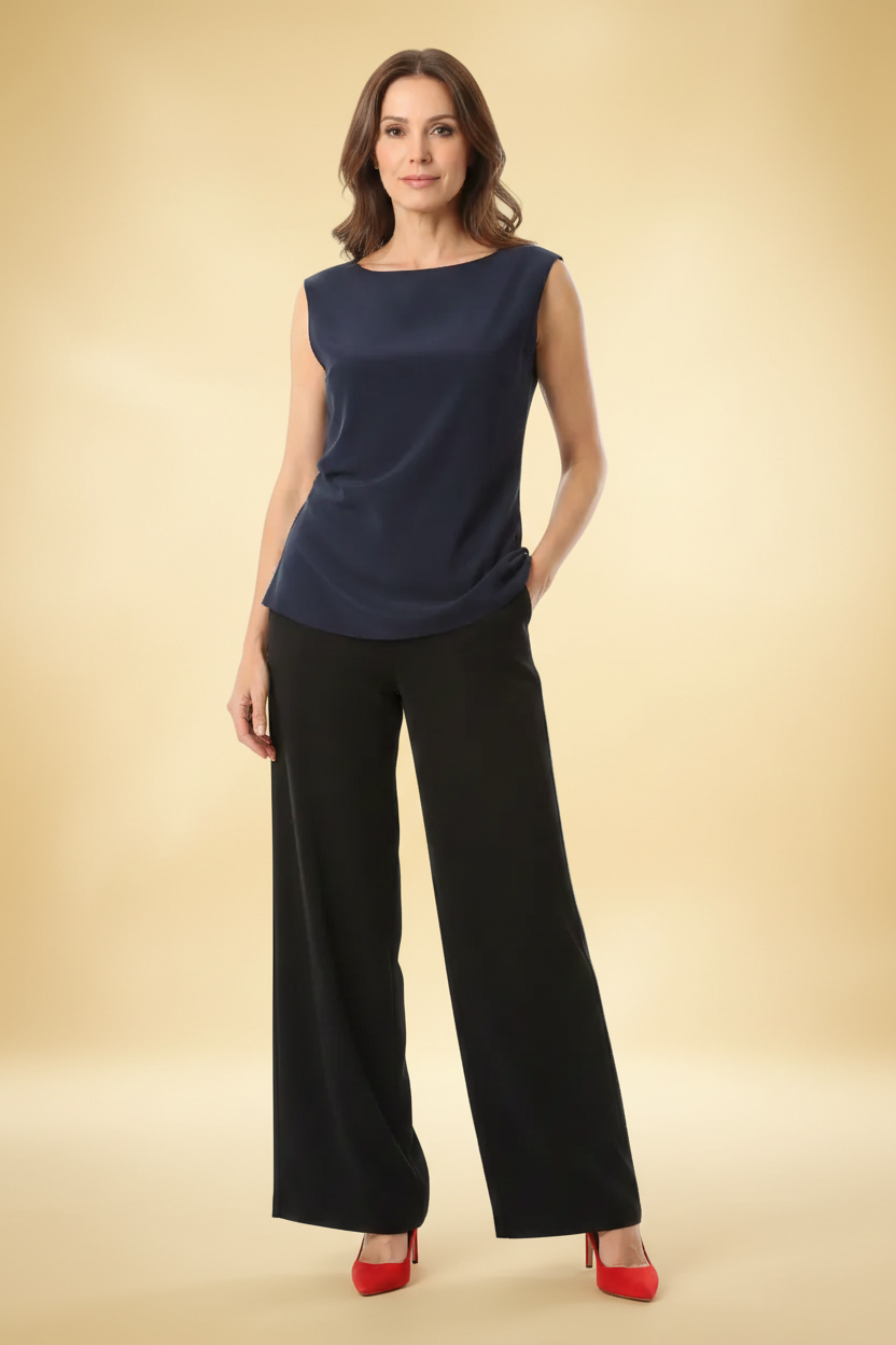 Valentino — Silk Sleeveless Cowl-Neck Top in Midnight Blue & Red
