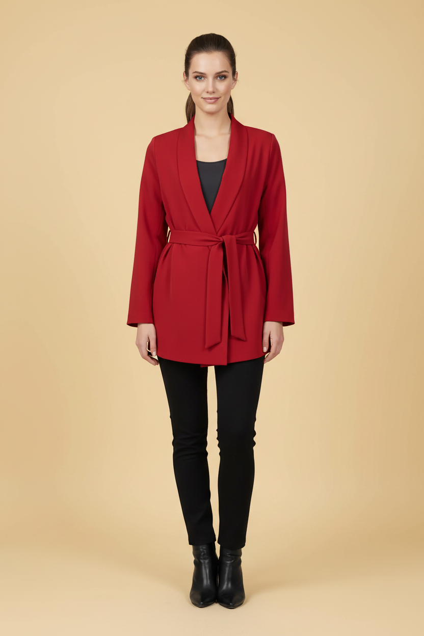 Max Mara silk wrap blazer with self tie belt in red — view 1