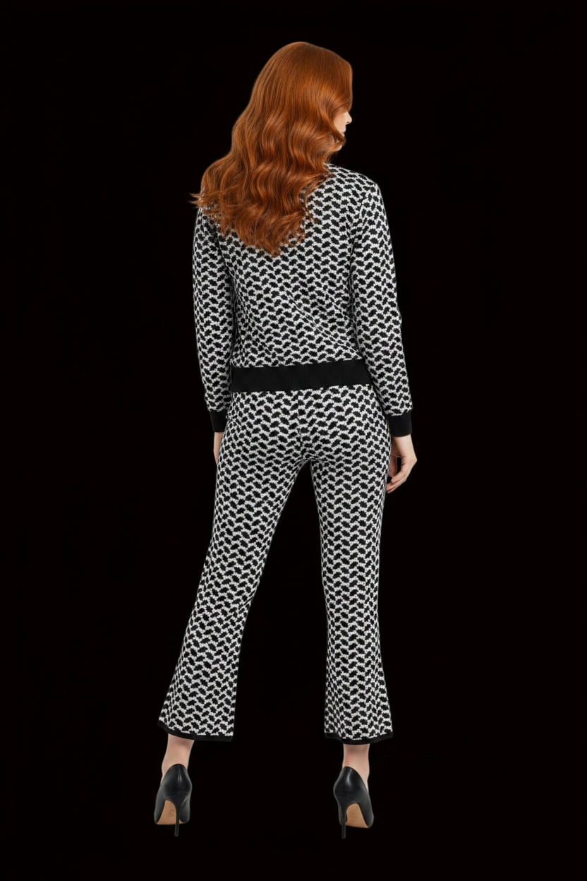 Lala Berlin — Cotton Two-Piece Set: Bomber Jacket + Flared Trousers in Black & White Graphic