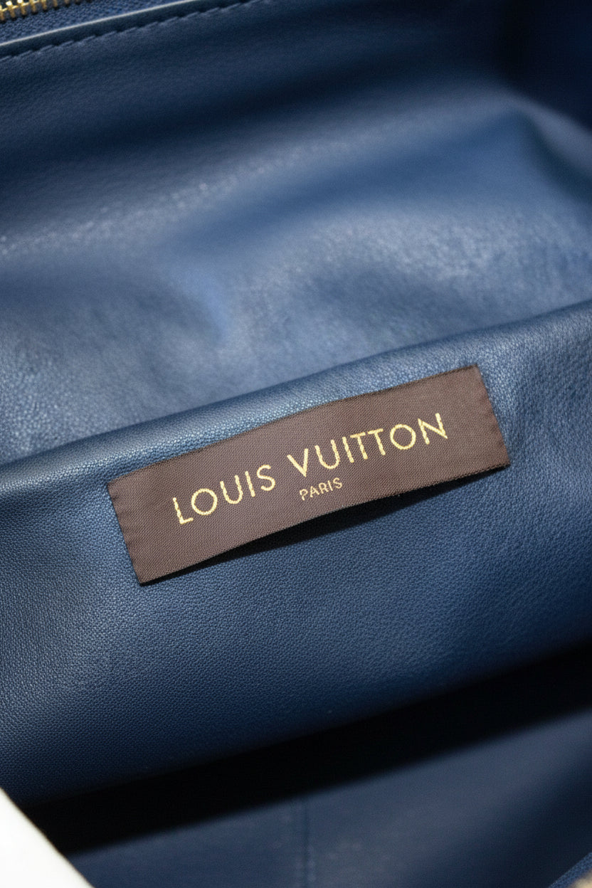 Louis Vuitton Paris leather trousers with tweed side panels in navy and white — view 4