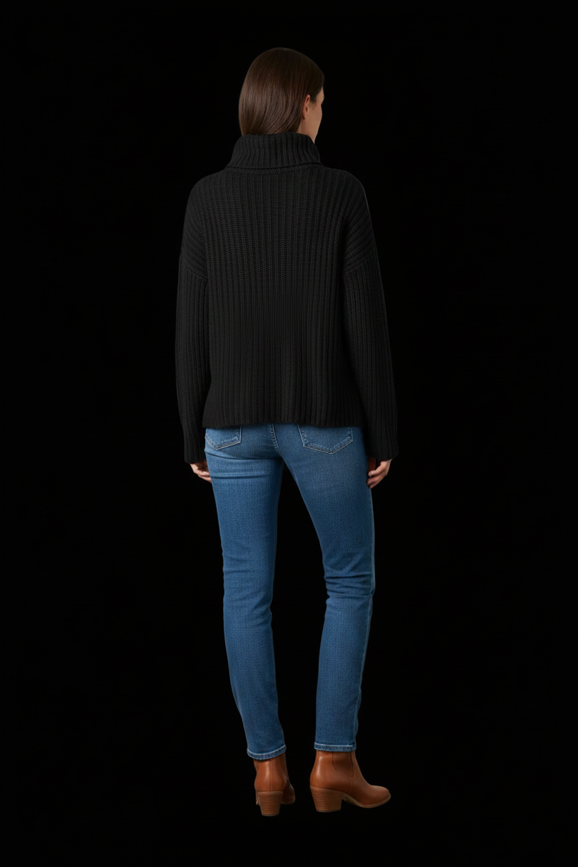 Joseph — Chunky Ribbed Wool Turtleneck Poncho Cape in Black