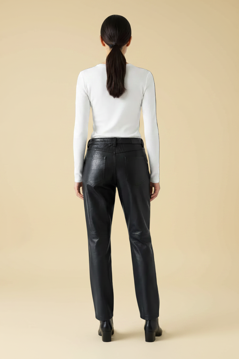 Céline — Vintage Lambskin Leather Trousers in Black with Gold Buckle Waist