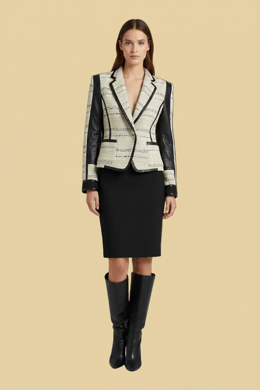 Barbara Bui — Boucle Tweed Blazer with Leather Sleeves in Cream, Black & Yellow