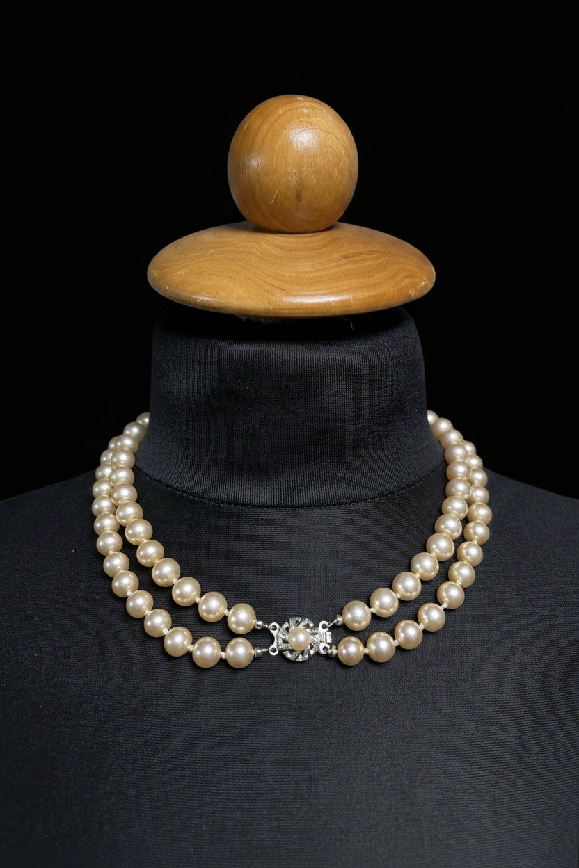 Vintage pearl necklace on display form