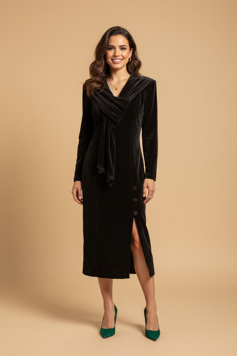 Vintage 80s Cotton Velvet Midi Evening Dress sizes M