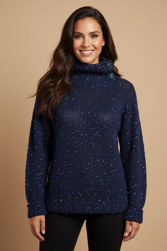 One-of-a-Kind Blue Wool Turtleneck Sweater – Pearl Embellishment – Size S / EU 34–36
