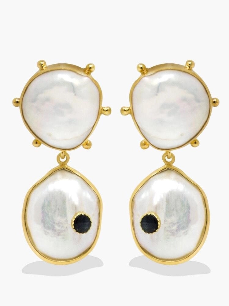 Rebel Rebel Pearl & Blue Sapphire Statement Earrings – 18K Gold-Plated Silver