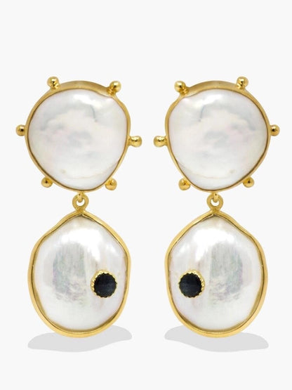 Rebel Rebel Pearl & Blue Sapphire Statement Earrings – 18K Gold-Plated Silver