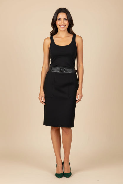 Prada — Wool Pencil Skirt with Leather Waistband & Belt in Black