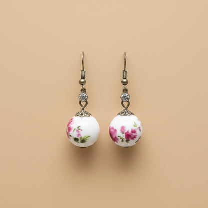 Floral Ball Drop Earrings – Hand-Painted Fashion Jewellery – White Pink – 4 cm