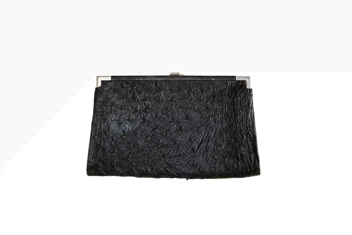 Vintage Ostrich Leather Clutch – 1950s – Black &amp; Silver – Unbranded