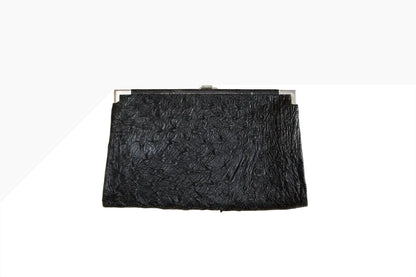 Vintage Ostrich Leather Clutch – 1950s – Black &amp; Silver – Unbranded
