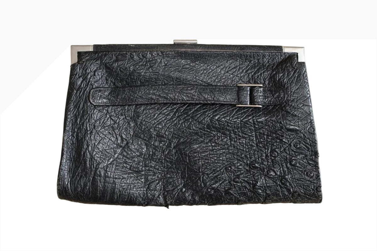 Vintage Ostrich Leather Clutch – 1950s – Black &amp; Silver – Unbranded