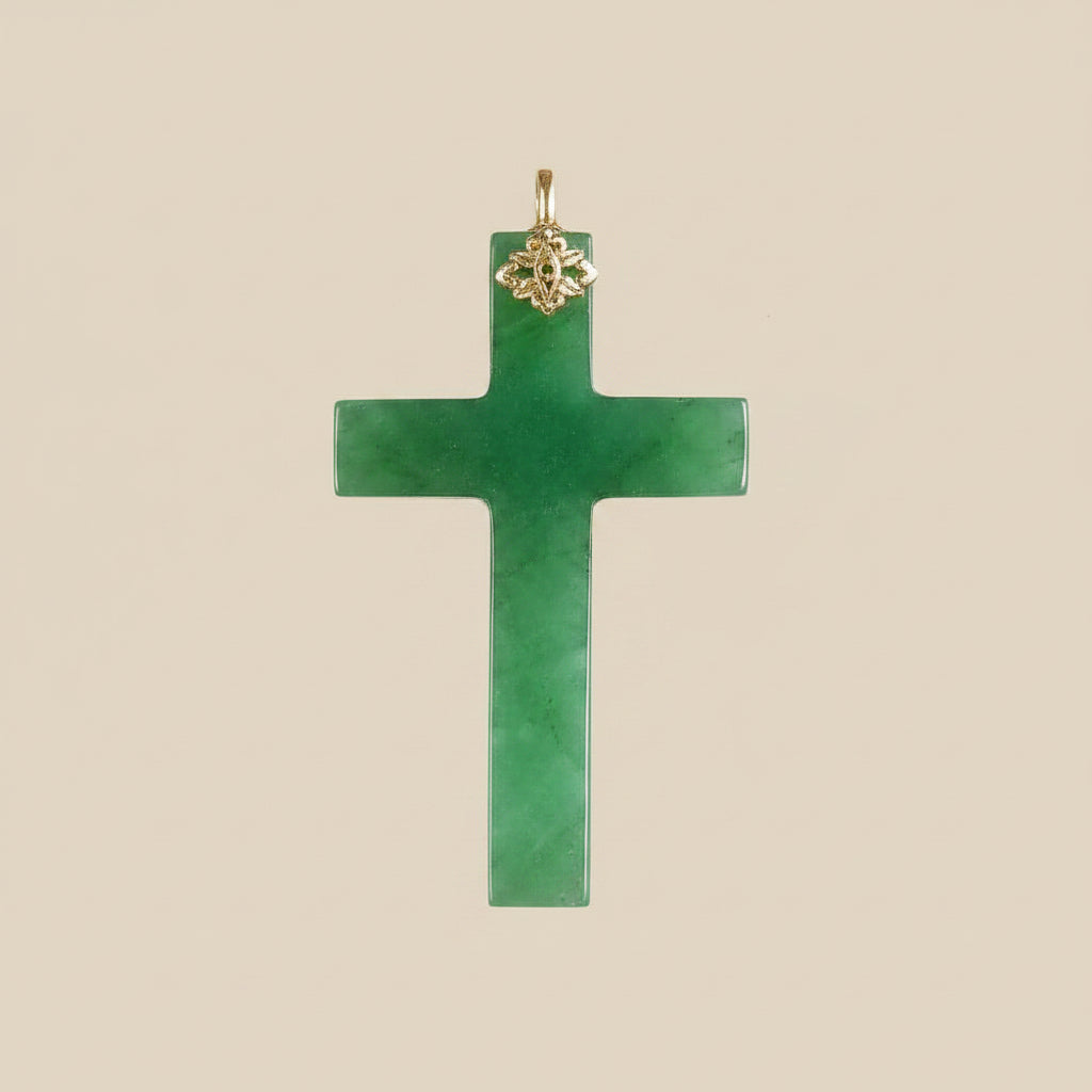 Vintage Jade Cross Pendant – Green – Filigree Design – Vintage Jewellery