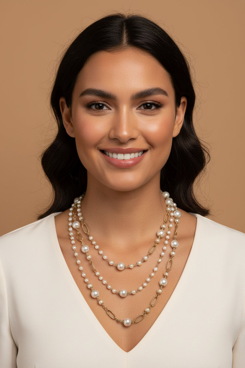 Vintage Pearl Necklace – Cream Gold-Tone – Three-Strand – 41 cm – 1990s
